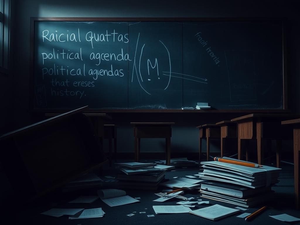 Flick International Dimly lit classroom representing chaos in education with overturned desks and controversial chalkboard writings