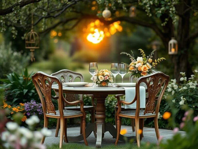 Flick International A beautifully set outdoor garden table for two, adorned with floral arrangements and surrounded by lush greenery during sunset.