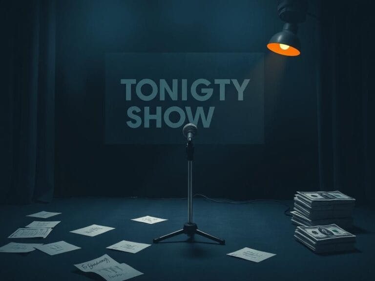 Flick International Abstract representation of a dimly lit late-night stage with a microphone stand and scattered notes