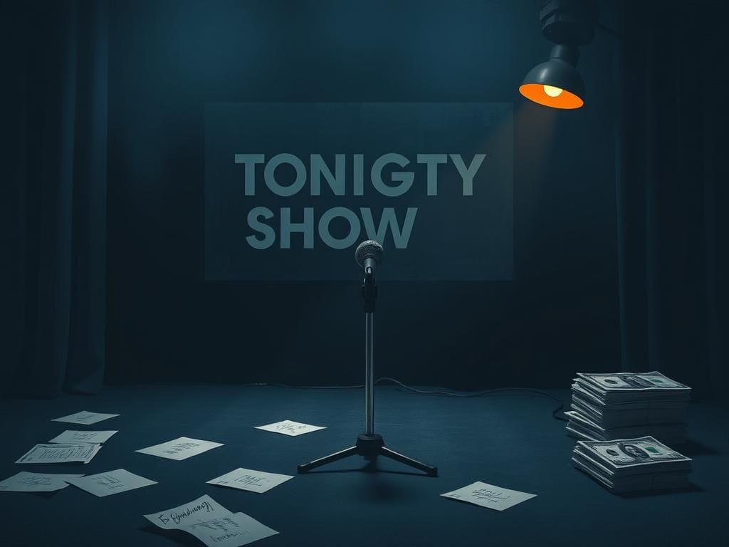 Flick International Abstract representation of a dimly lit late-night stage with a microphone stand and scattered notes