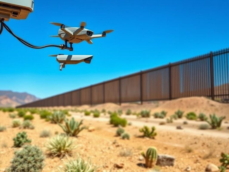 Flick International High-tech border control scene with surveillance system and fortified wall