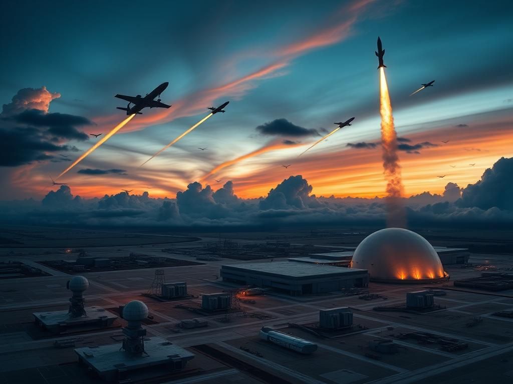 Flick International Aerial view of a modern U.S. military base with missile defense systems in action.