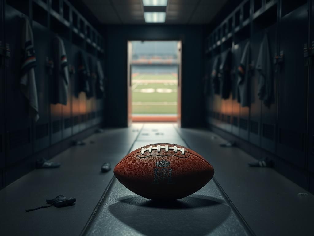 Flick International A dimly lit NFL locker room with empty spaces, discarded cleats, and a solitary football symbolizing players stepping away from the game