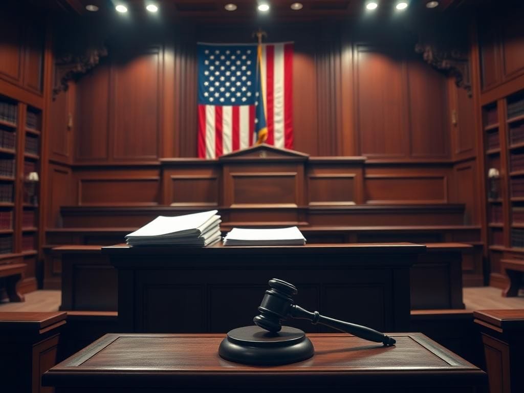 Flick International A courtroom scene symbolizing judicial authority and tension with an imposing wooden bench and legal documents