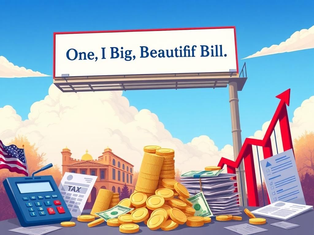 Flick International Political illustration of tax cut campaign featuring a billboard and financial symbols