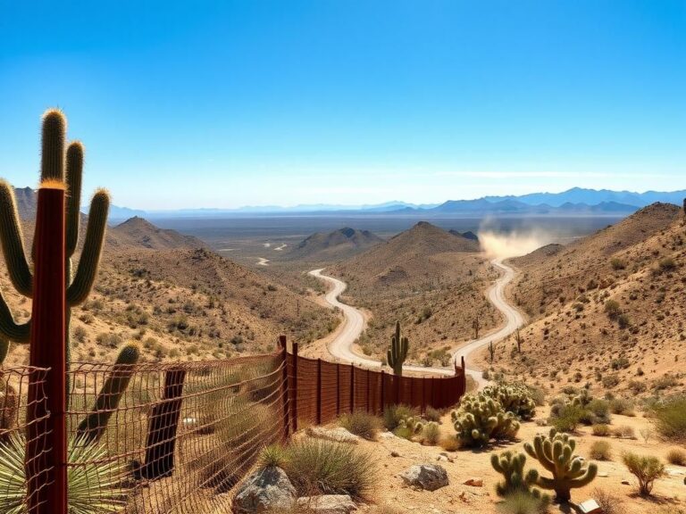 Flick International A rugged Southern Arizona landscape featuring a weathered border fence and desert vegetation under a blue sky