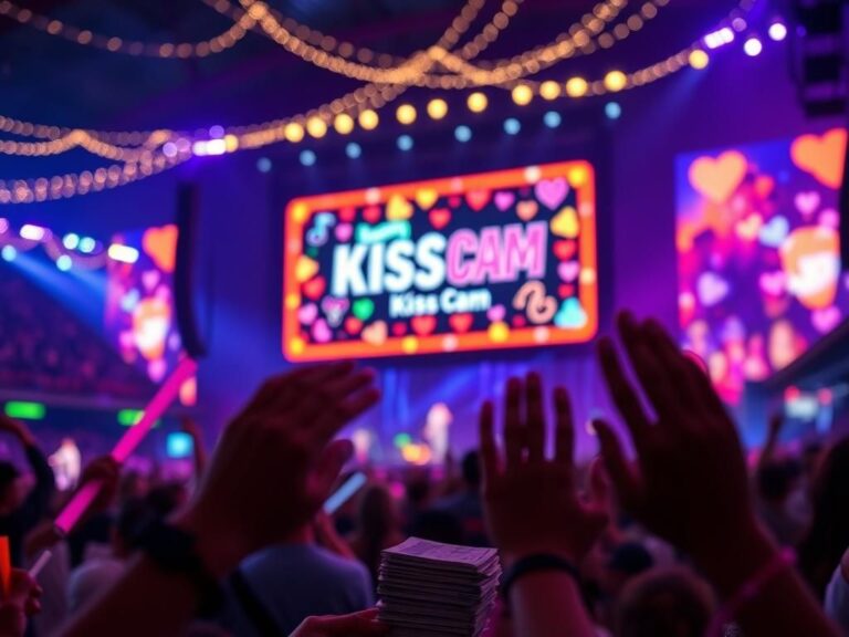 Flick International A vibrant jumbotron displaying a colorful 'Kiss Cam' moment at a Coldplay concert
