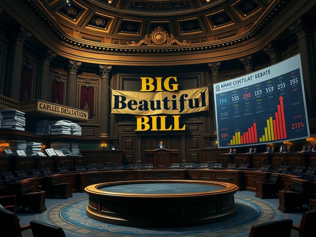 Flick International An empty legislative chamber showcasing a significant debate platform with a 'Big Beautiful Bill' banner