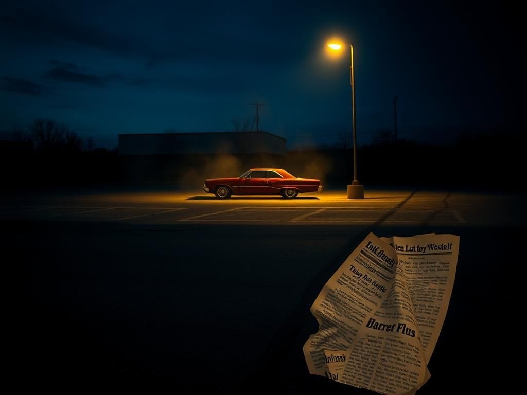Flick International Dimly lit parking lot at twilight with maroon Mercury car partially obscured by mist