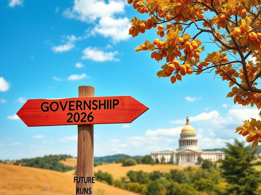 Flick International A vibrant landscape of Georgia showcasing a rustic wooden signpost pointing to key political themes like 'Governorship' and '2026'.