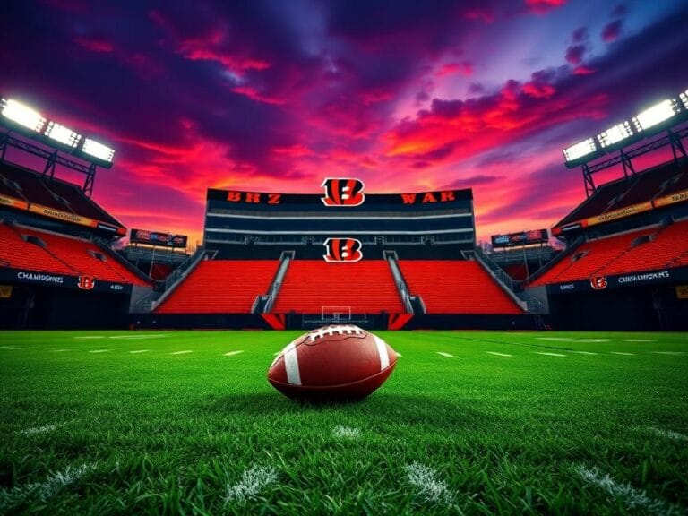 Flick International Cincinnati Bengals football field at dusk with stadium lights illuminating a well-used football
