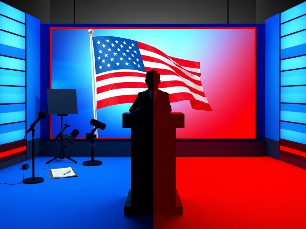 Flick International A vibrant TV studio backdrop illustrating the political divide, featuring a large screen with the American flag and a shadowy podium