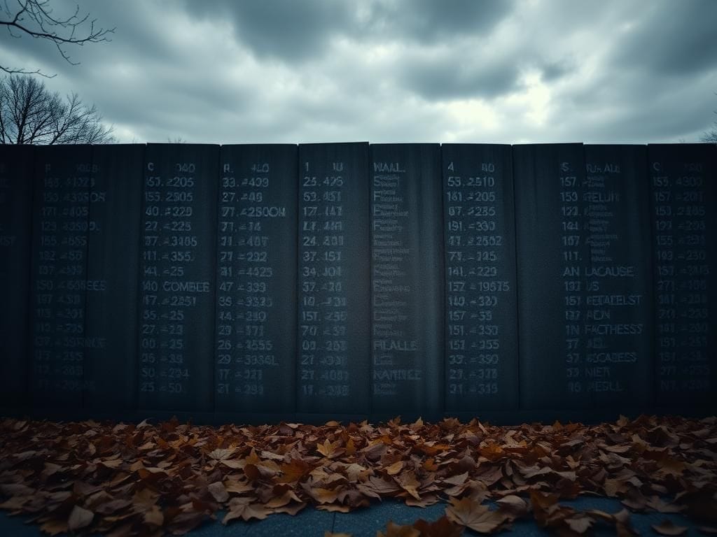 Flick International A weathered stone memorial inscribed with names and dates, surrounded by autumn leaves under a gloomy sky
