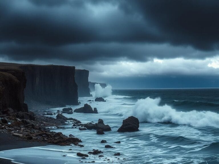Flick International Dramatic seascape showing aftermath of earthquake with waves crashing against rocky cliffs off the coast of Russia