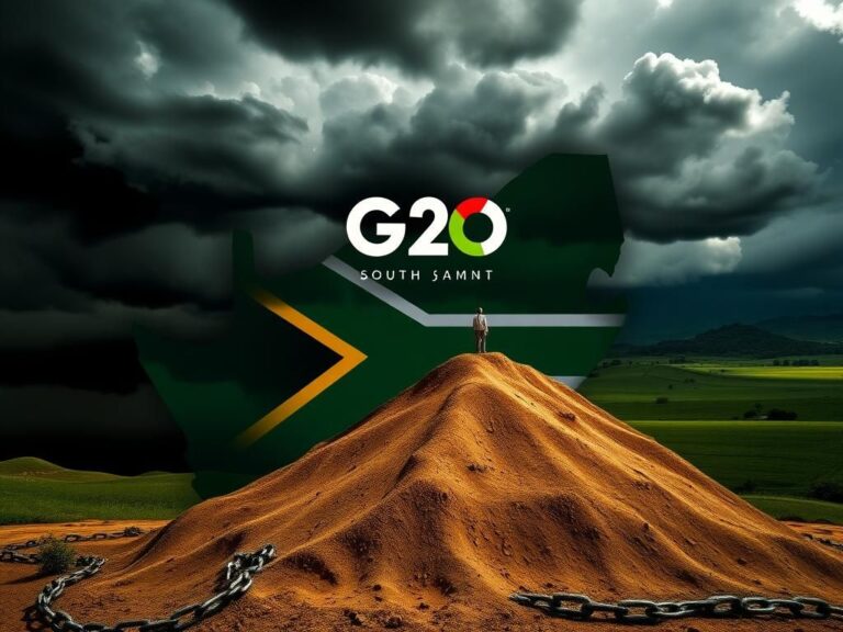 Flick International Stylized map of South Africa featuring G20 summit logo with ominous storm clouds