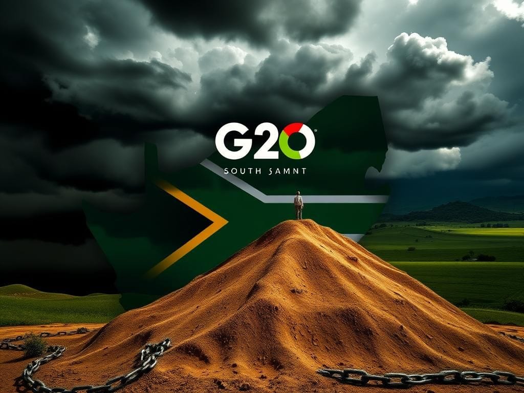 Flick International Stylized map of South Africa featuring G20 summit logo with ominous storm clouds