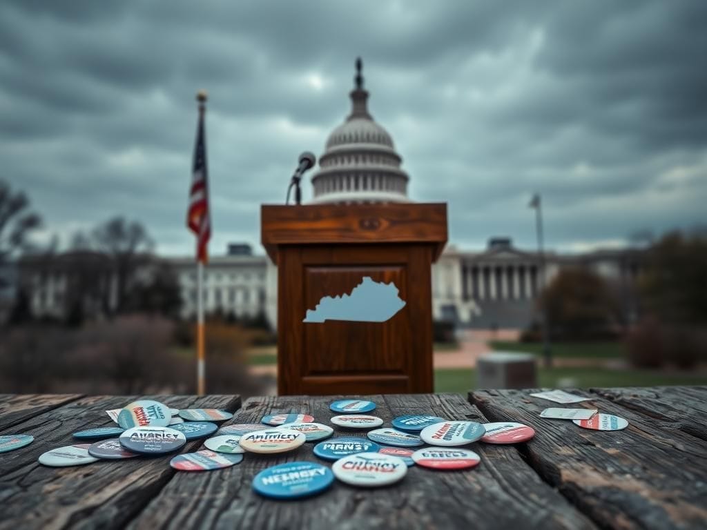 Flick International Weathered wooden podium with Kentucky state flag and empty microphone symbolizing Senate candidates' absence