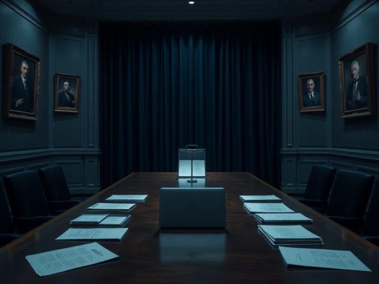 Flick International A dimly lit room with an oversized wooden table covered in documents, representing a serious governmental hearing.
