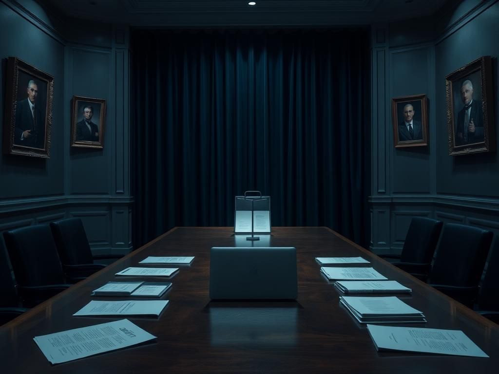 Flick International A dimly lit room with an oversized wooden table covered in documents, representing a serious governmental hearing.