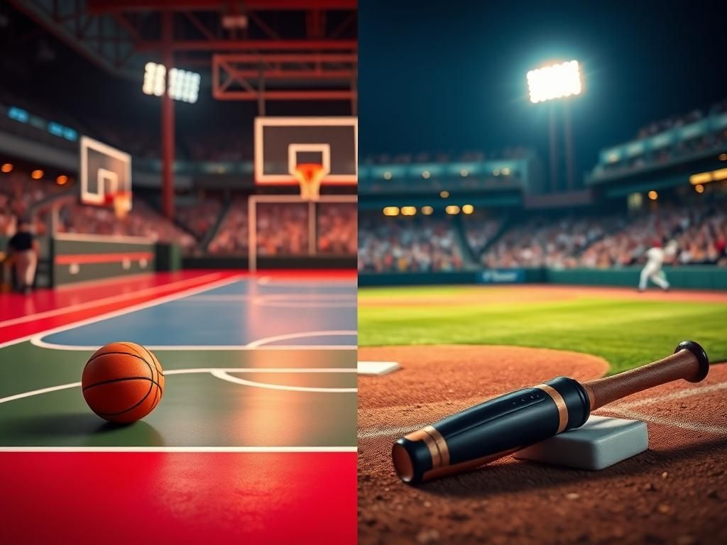 Flick International A creative composition featuring a baseball diamond and a basketball court, symbolizing sports rivalry and commentary.