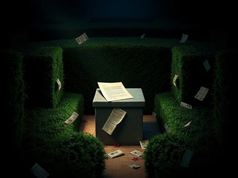 Flick International A shadowy garden maze representing secrecy and hidden truths with a letter on a pedestal