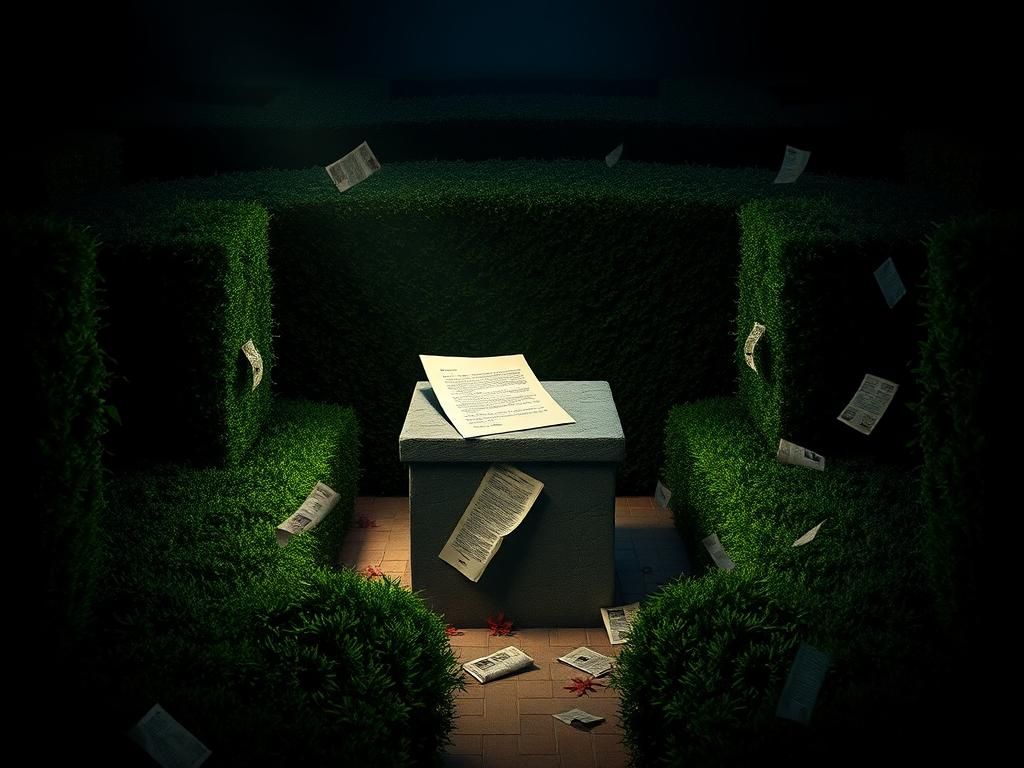 Flick International A shadowy garden maze representing secrecy and hidden truths with a letter on a pedestal