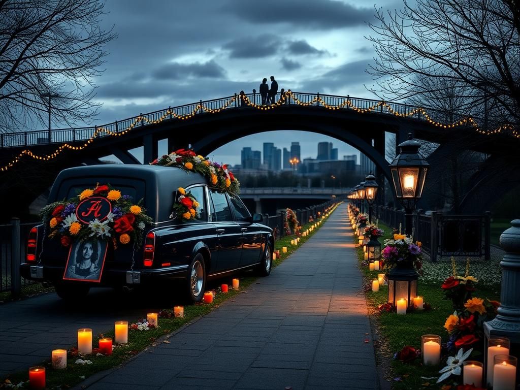 Flick International Hearse procession for Ozzy Osbourne in Birmingham, showcasing fans and tribute decorations