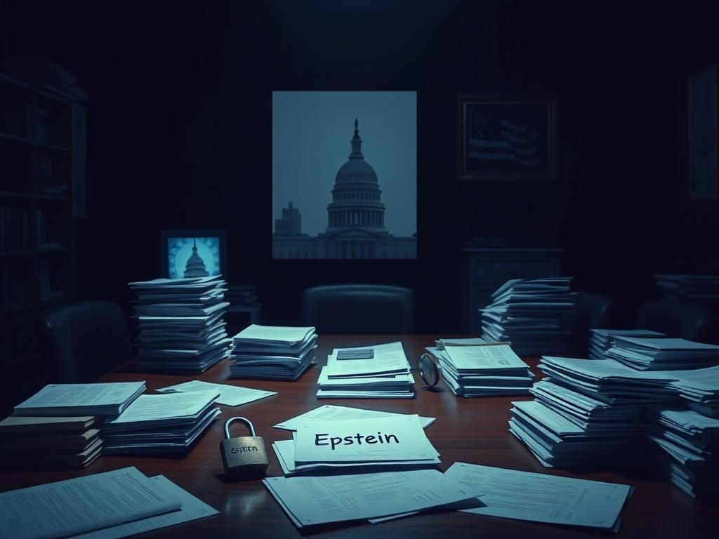 Flick International Dimly lit room with confidential Epstein files and a large lock symbolizing unguarded secrets