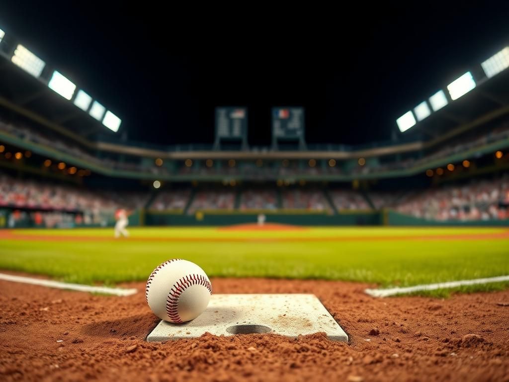 Flick International A baseball lying in the dirt near second base on a vibrant baseball diamond during a night game