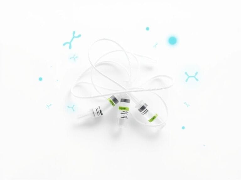 Flick International Close-up of unwaxed dental floss intertwined with vibrant vaccine vials on a sterile white background