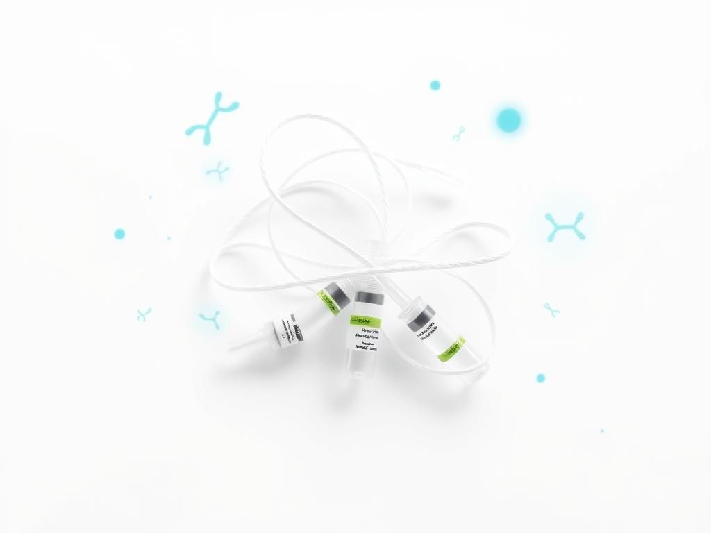 Flick International Close-up of unwaxed dental floss intertwined with vibrant vaccine vials on a sterile white background