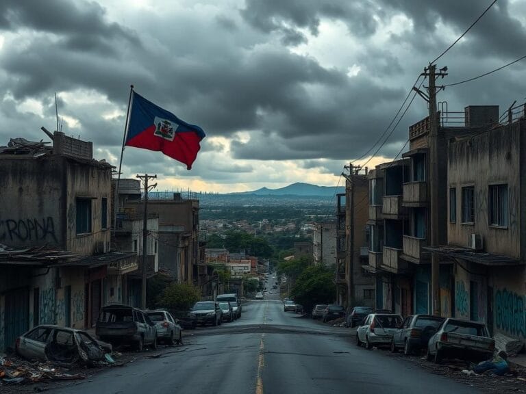 Flick International A desolate urban landscape in Port-au-Prince, Haiti, dominated by crumbling buildings and gang symbols.