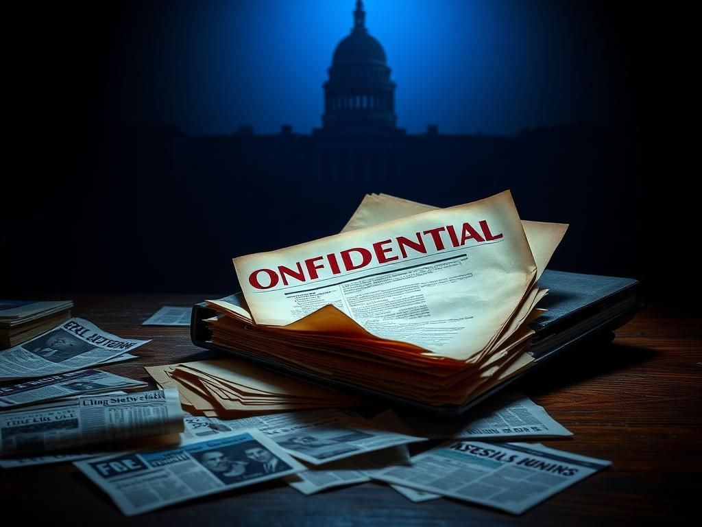 Flick International A stack of aged, yellowed documents marked 'CONFIDENTIAL' against a shadowy government building backdrop