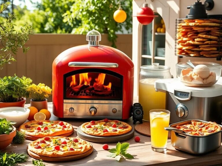 Flick International Sunlit outdoor kitchen showcasing a vibrant portable pizza oven and summer kitchen gadgets.