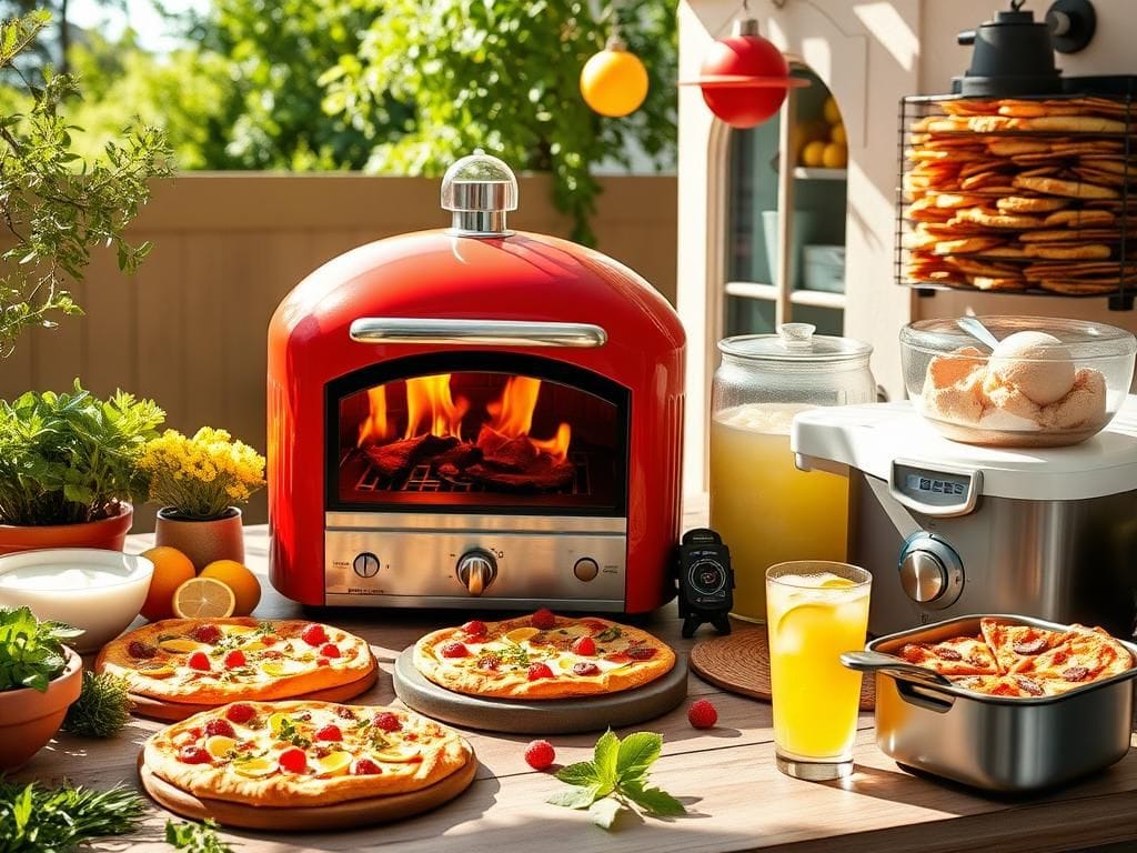Flick International Sunlit outdoor kitchen showcasing a vibrant portable pizza oven and summer kitchen gadgets.