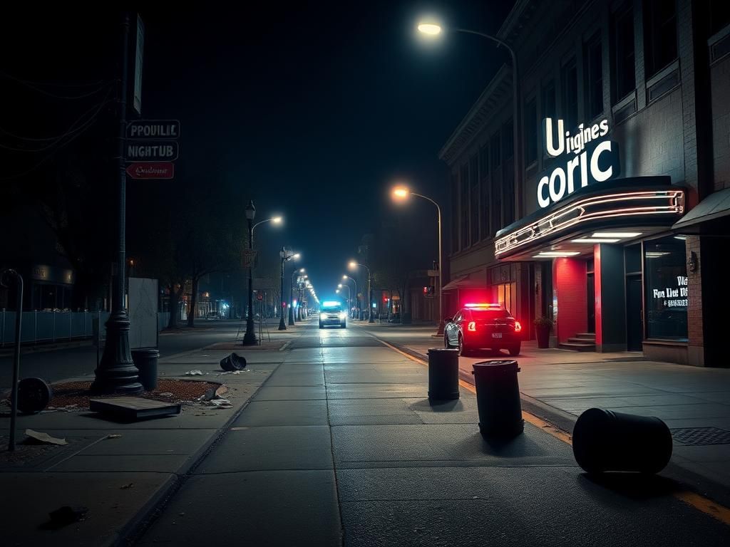 Flick International Deserted downtown Cincinnati street at night with a police car and remnants of chaos