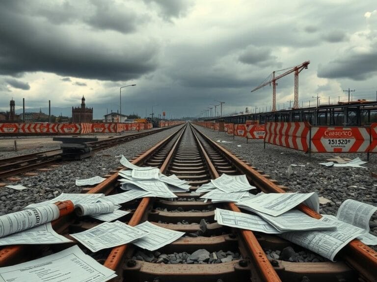Flick International A dramatic scene of a rusty train track ending, symbolizing financial derailment and waste.