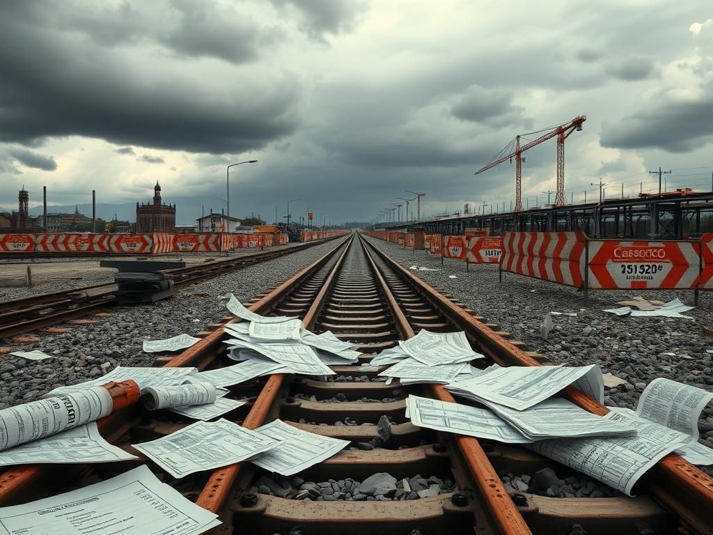 Flick International A dramatic scene of a rusty train track ending, symbolizing financial derailment and waste.