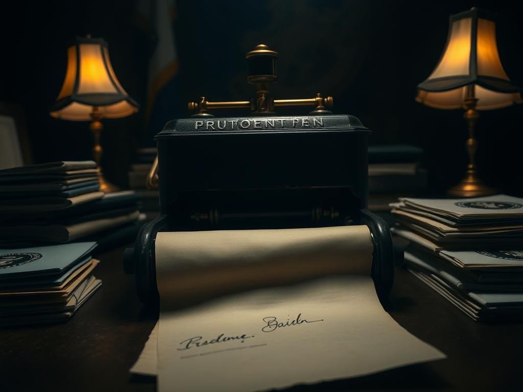 Flick International A vintage autopen machine in a dimly lit room with a signature scroll underneath