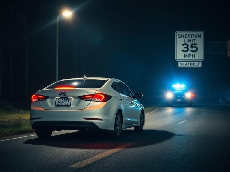Flick International Nighttime scene of a white Hyundai Elantra parked on the Pullman-Moscow Highway under streetlight