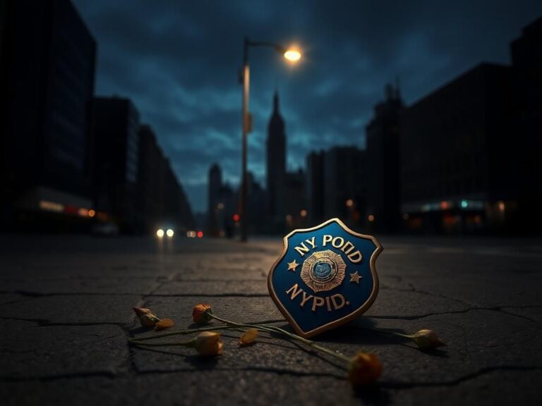 Flick International Silhouette of the New York City skyline with a police badge and wilted flowers on cracked pavement
