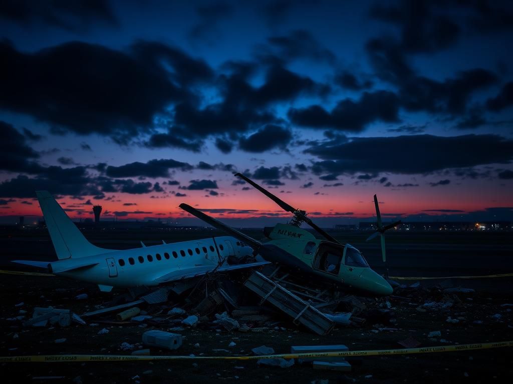 Flick International Aerial view of a tragic plane crash site near an airport at twilight