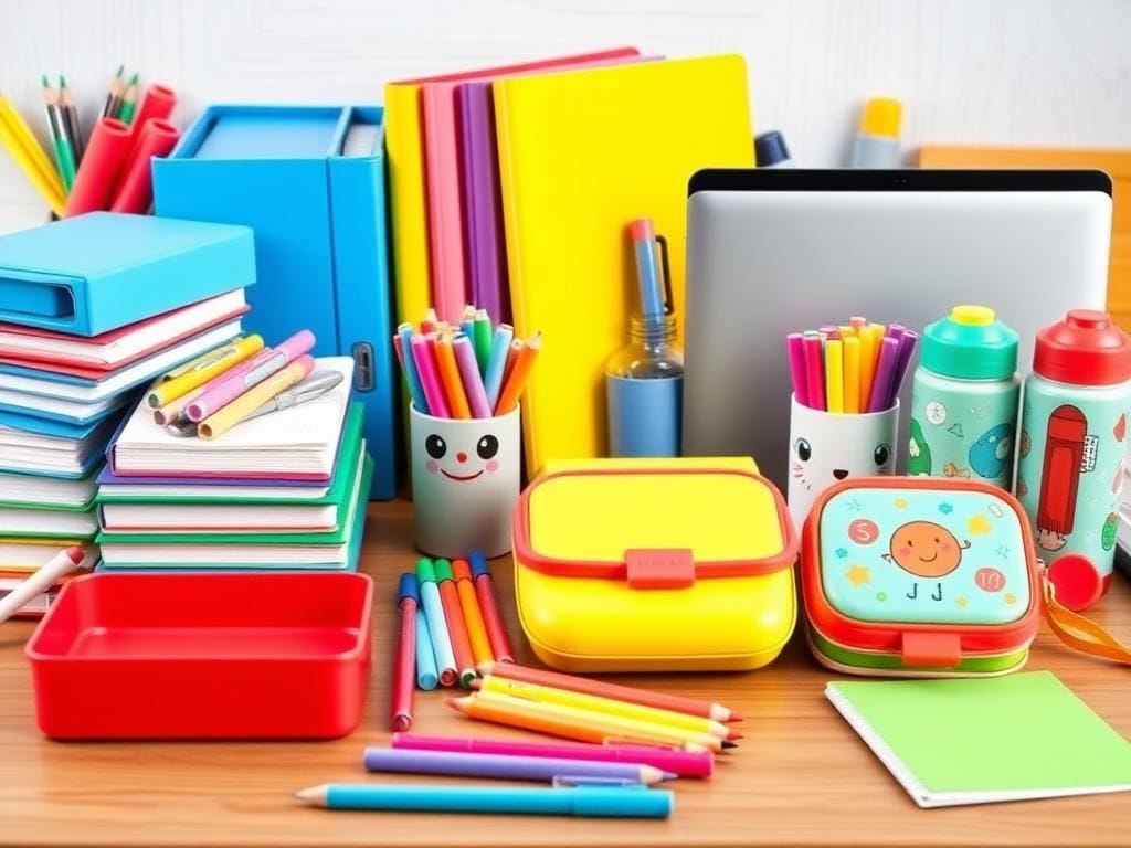 Flick International Vibrant and organized back-to-school scene with colorful school supplies on a wooden table