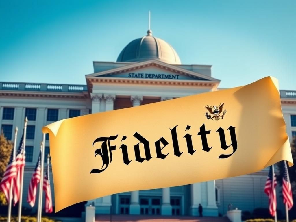 Flick International A grand view of the State Department building with American flags and a scroll inscribed with 'Fidelity'