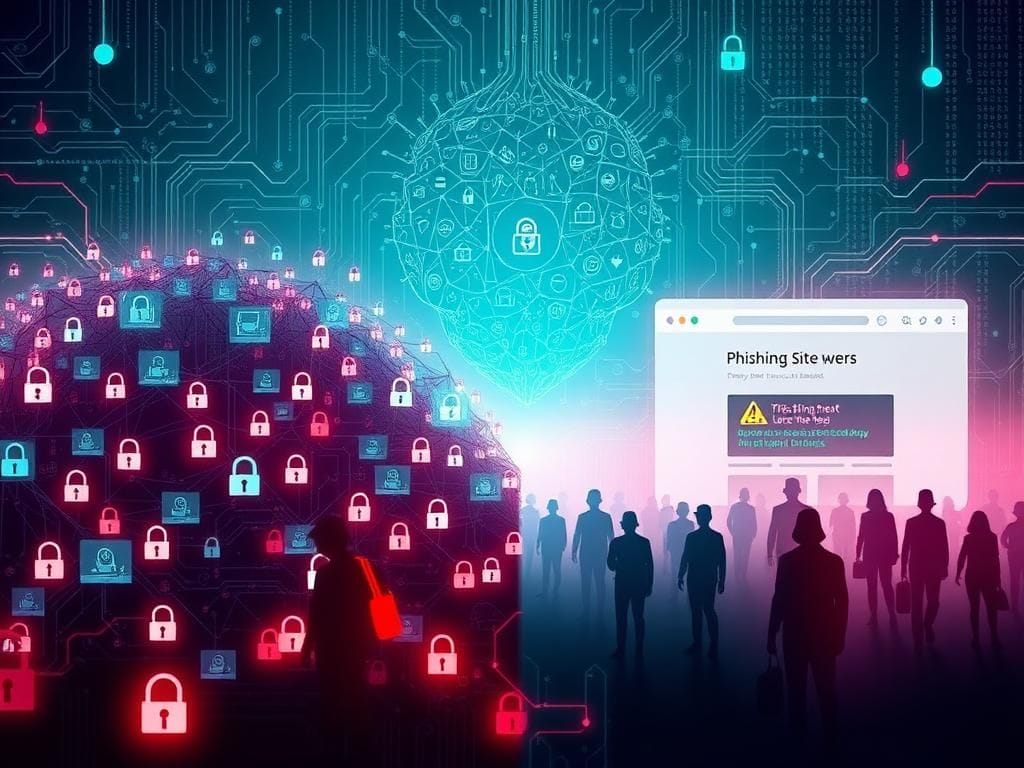 Flick International Digital landscape illustrating web cloaking in cybersecurity with bright and dark contrasting elements.