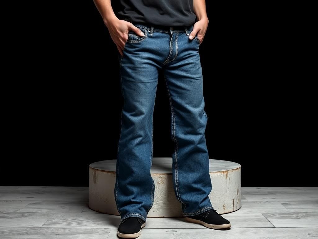 Flick International Close-up of stylish denim jeans against a black background showcasing texture and design.