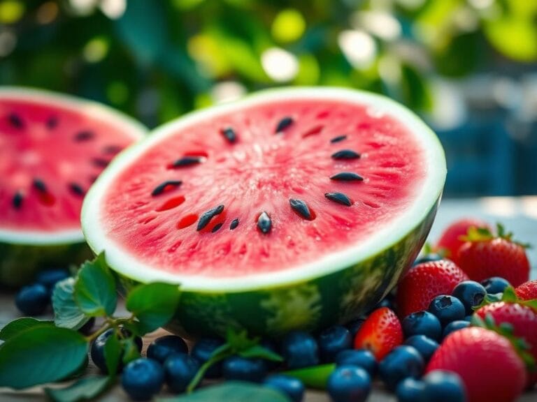 Flick International Freshly sliced watermelon showcasing juicy red flesh and black seeds surrounded by colorful fruits emphasizing a healthy diet