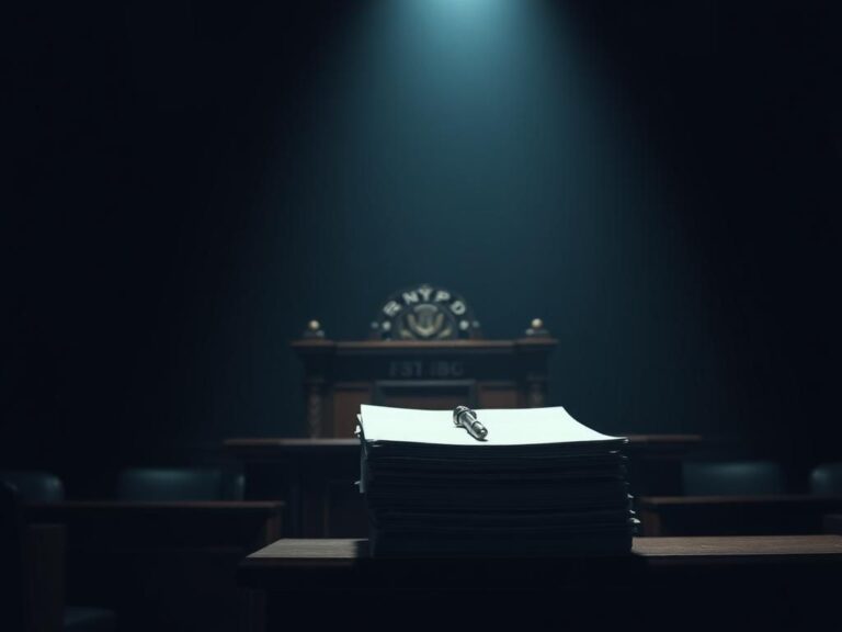 Flick International Dimly lit courtroom scene featuring a wooden witness stand and sealed documents representing secrecy