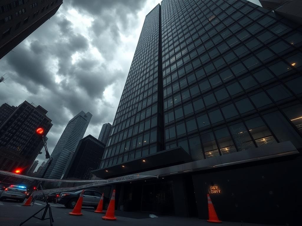 Flick International A dramatic view of a Manhattan skyscraper exterior with dark storm clouds above, showing the aftermath of a shooting.