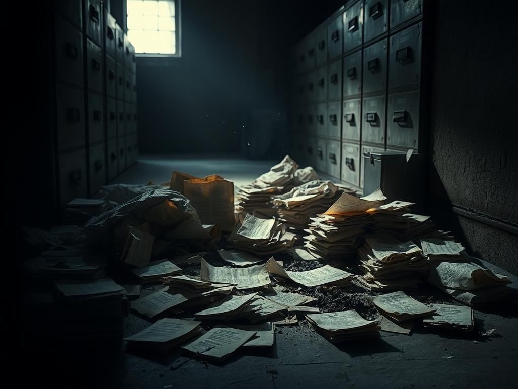 Flick International A dimly lit secret room filled with crumpled documents and burn bags related to the Trump-Russia probe